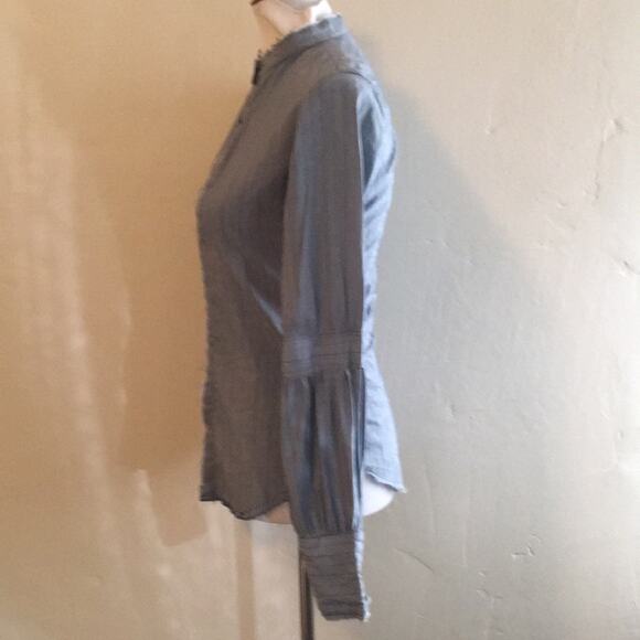 Y2K Joie Blue Pinstripe Blouse XS – Frayed Trim & Pleated Sleeves - Picture 4 of 10